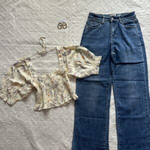 Butter yellow top with baggy denim combo