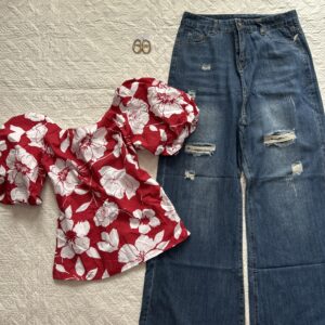 Floral hot red top with Ribbed denim combo