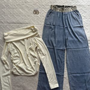 Ruched off Shoulder Top with baggy denim combo