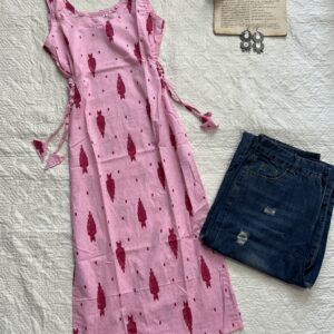 Cotton Candy Handblock Snatch Waist Long Kurti