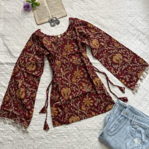 Gulnaar Maroon Floral Snatch Waist Short Kurti