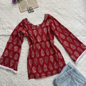 Crimson Red Buti Print Corset Back Short Kurti