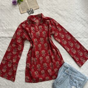 Hot Red Floral Collar Neck Bell Slevees Short Kurti