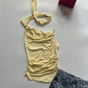 Butter yellow one shoulder draped scarf top