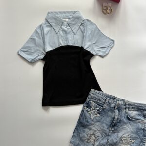 Formal collared neck layered top with knit bodice