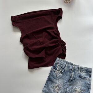 Ruched burgundy off shoulder top