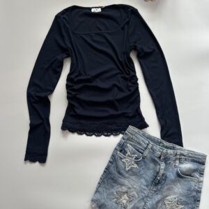 Ruched coquette solid navy blue top