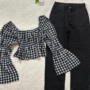 Checked Ruffle Top with Black denim combo