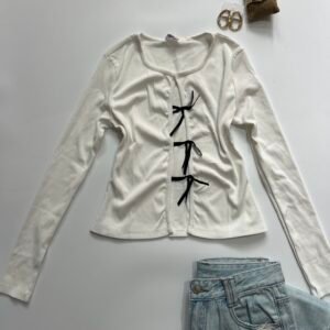 Ribbed Top with Black Bow Detail