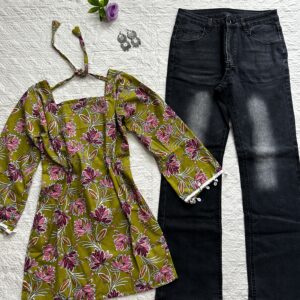 Corset Back Kurti with Bootcut  Denim Desi Combo