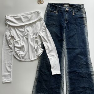 off shoulder ruched top and bootcut denim combo