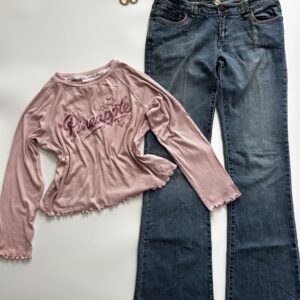 cutesy pink top with bootcut denim combo