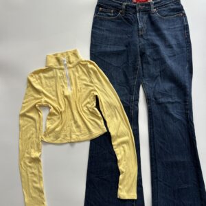 butter yellow zip up top with bootcut  denim combo