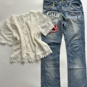 crochet top with funky denim combo