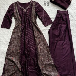 Zari Handcrafted Wine Anarkali Kurti with Plazoo and Duppata Set