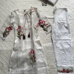 Soft Organza Handpainted Kurti and Duppata with Cotton Pants