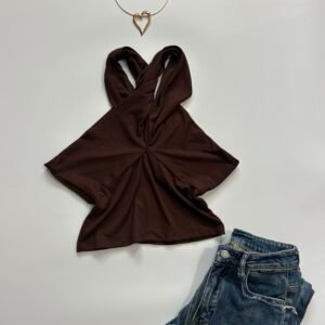 Chocolate Fondae cross-folded neckline halter backless top