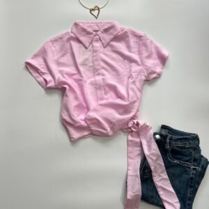 Collared Cross Hem Solid Short Sleeve Back Bow Shirt in Pink