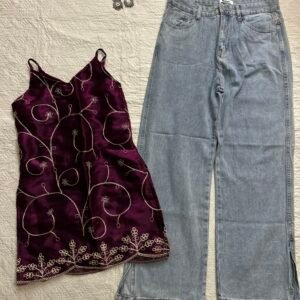 Wine corset kurti with baggy denim combo