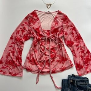 V Neck Tie-Up Bell Sleeve Floral Crop Top in Pink