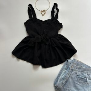 Solid Ruffle Front Tie Bow Sleeveless Black Crop Top
