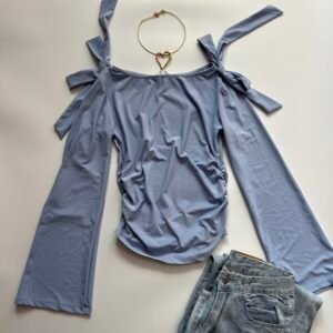 Bow Shoulder Square Neck Full Sleeve Slim Fit Top in Blue