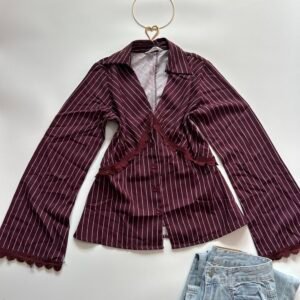 Vintage Style Striped Pinstripe Peplum Top in Wine