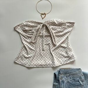 Strapless Ruched Polka Dot Tie-Up Top in White and Black