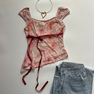 Asymmetrical Neck Floral Ruched Hem Top in Pink