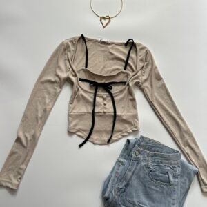 Square Neck Tie Detail Long Sleeve Top in Off White