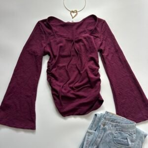 Tight Fitted Textured Lace Trim Tie Bow Design Flare Sleeve Top