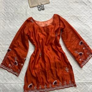 Rust Orange Crepe Silk Thread & Bead Work Kurti