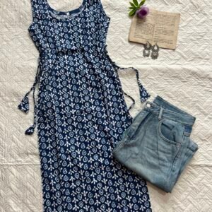 Aqua Block Print  Long Cotton Snatch Waist Kurti
