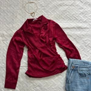 Maroon Draped V-Neck Full Sleeve Top