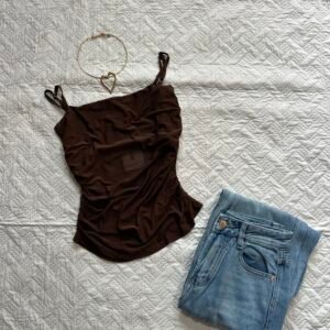 Contrast Mesh Ruched Brown Cami Top
