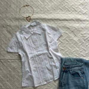 Slim Fit Short Sleeve Fitted Collared Top in White