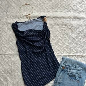 Neck Striped Asymmetrical Draped Collar and Metal Button Top in Navy Blue