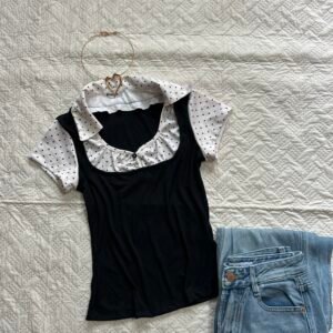 Round Neck Dot Print Splice Top