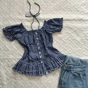 Textured Plaid Print Puff Cap Sleeve Ruffle Top