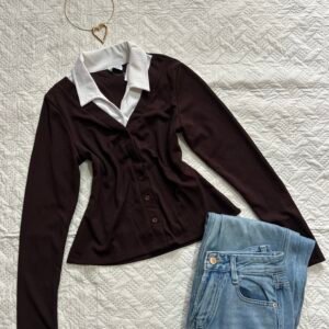 Collared V Neck Long Sleeve Button Front Top in Brown