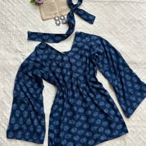 Royal Blue Floral Cotton Corset Back Kurti with Choker Duppata