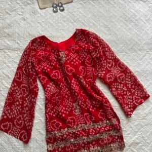 Red Handcrafted Bandhani Corset Back  Short Kurti