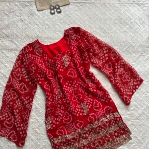 Red Handcrafted Bandhani Corset Back  Short Kurti