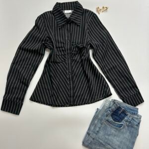 Pinstripe Collared Full Sleeve Formal Shirt in Black