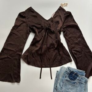 Satin V-Neck Flare Sleeve Top in Coffee