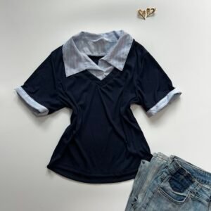 V-Neck Collared Layered Look Fitted Knit Top in Navy Blue