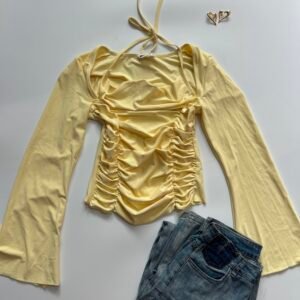 Butter Yellow Ruched Bell Slevee Top