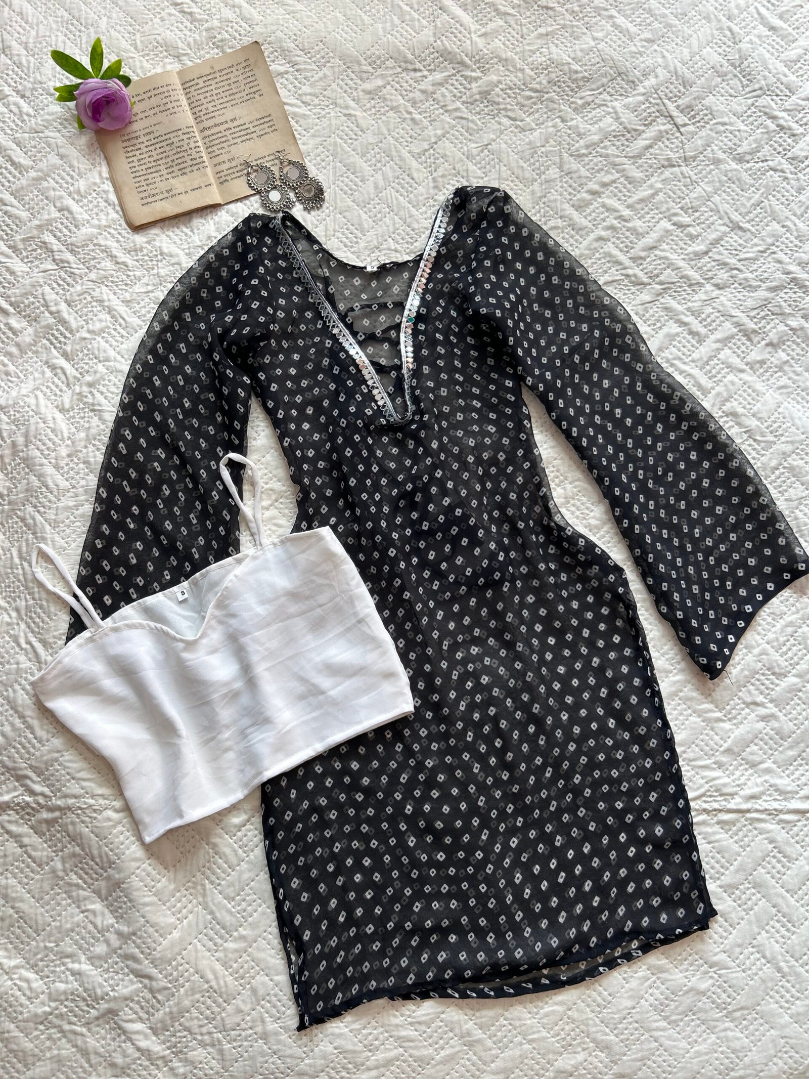 Bandhani Coverup Mesh Corset Kurti with White Blouse Set