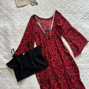 Abstract Leopard Print Coverup Mesh Corset Kurti with Black Blouse Set