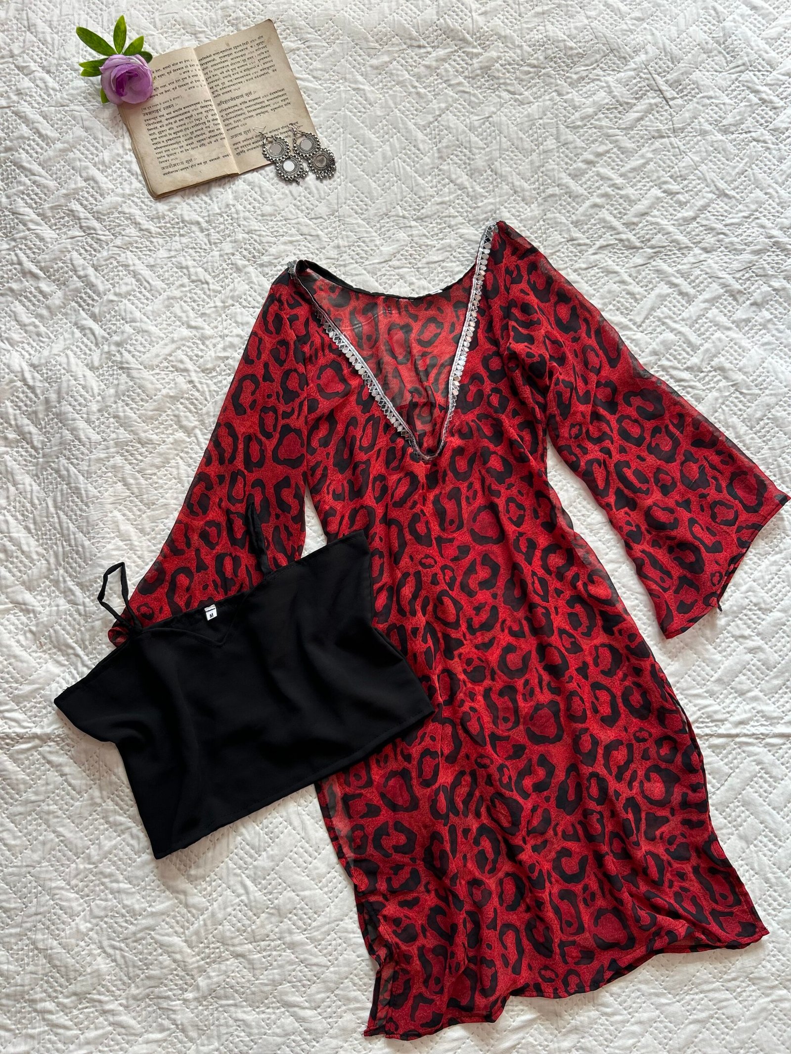 Abstract Leopard Print Coverup Mesh Corset Kurti with Black Blouse Set